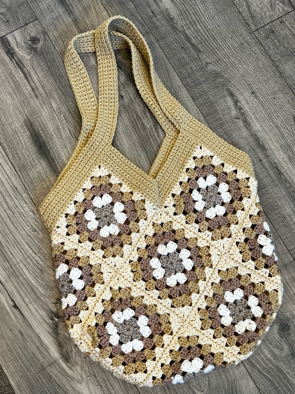 Handmade Boho 70's Style Brown Beige Granny Square Crochet Tote Bag